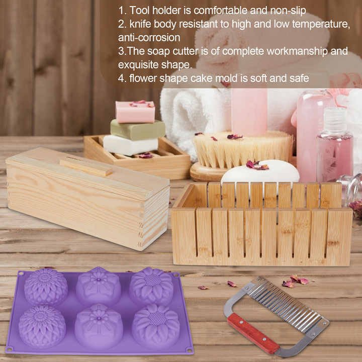 5 uds de madera reutilizables jabón molde y cortador de jabón conjunto Rectangular pan molde de silicona conjunto