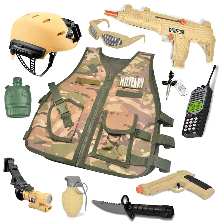 Conjunto de brinquedos engraçados, traje de brinquedo para educação escolar, capacete militar, uniformes de camuflagem no deserto para crianças, conjunto de arma de brinquedo