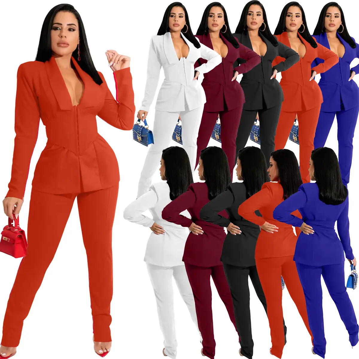 W3062 Moda Air Layer Negócios Uniforme Escritório Senhoras Casual Vestuário Mulheres Camisa Clássica Calças Set Two Piece Terno Formal