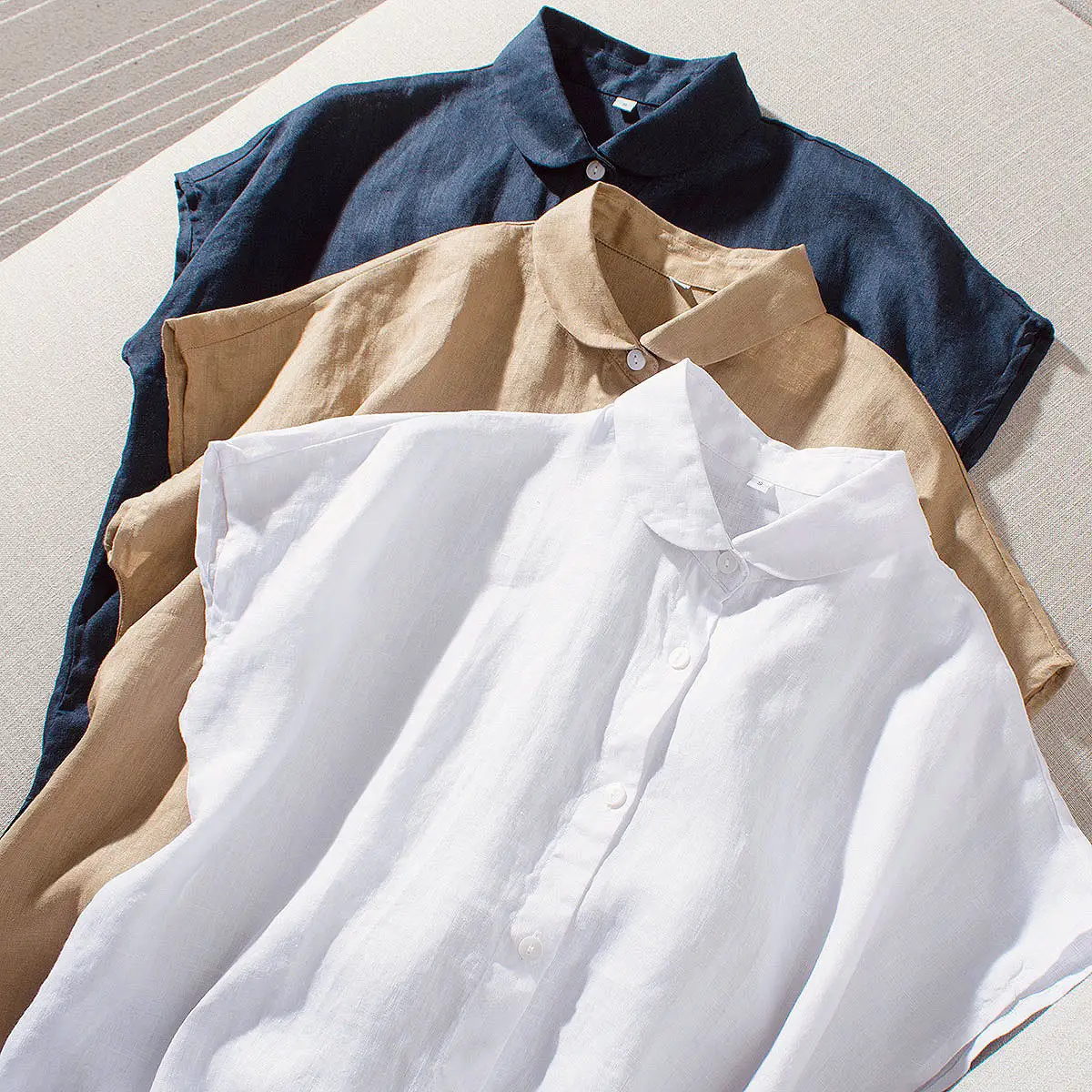 Blusa informal de lino puro para verano, camisa de manga corta con tiras, 2023