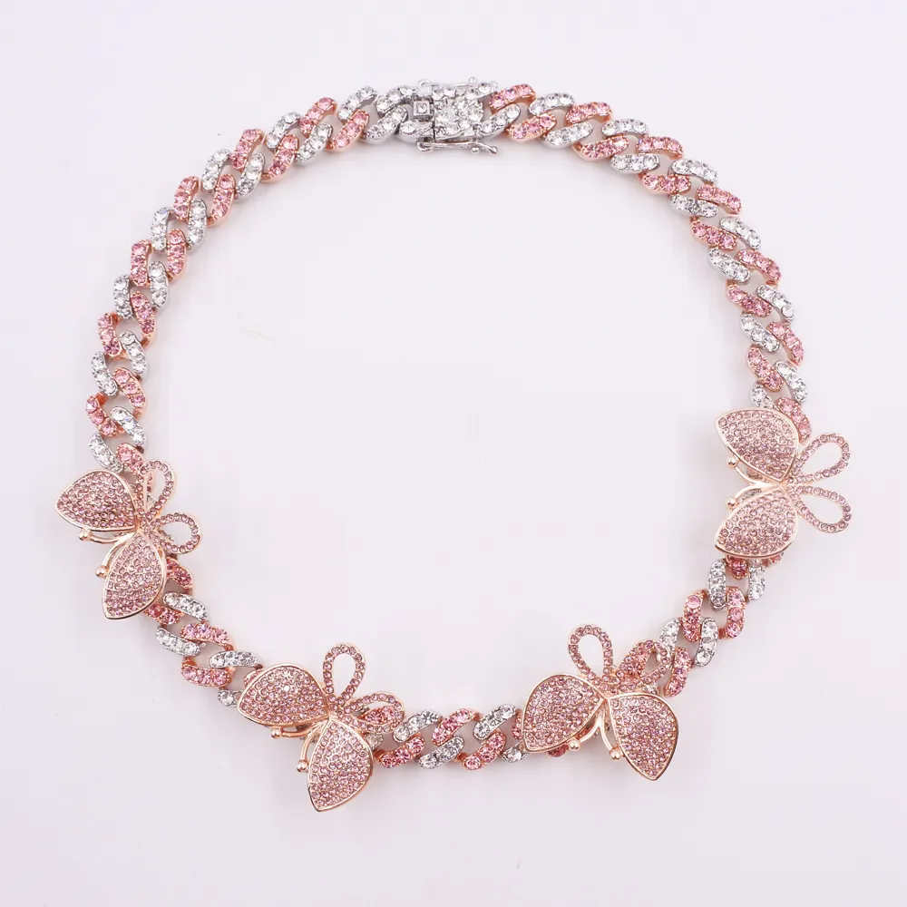 Недорогое ожерелье из сплава в стиле хип-хоп с серебряной бабочкой и розовыми кубинскими звеньями