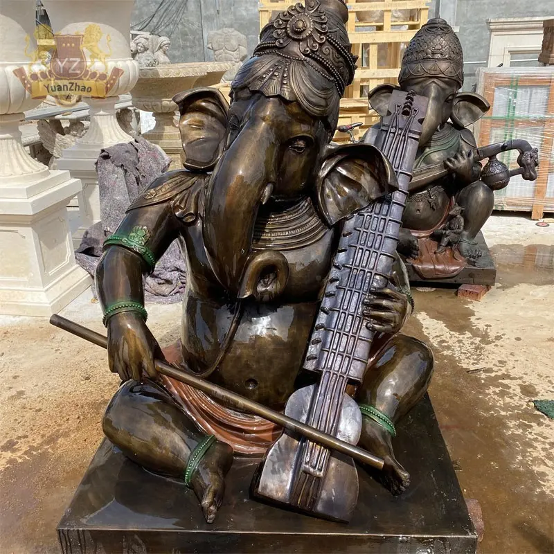 ทองเหลืองอินเดียฮินดูพระเจ้า Ganesha เล่นเครื่องดนตรีนั่งรูปปั้นราคาถูก