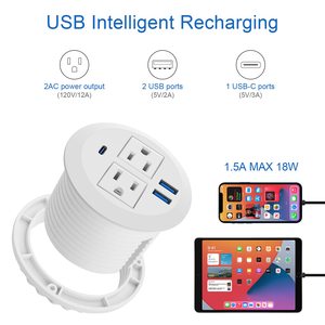 <strong>White</strong> 3 1/8 Inch Desk Power Grommet Outlet Recessed Power Strip <strong>Socket</strong> <strong>with</strong> 2 <strong>USB</strong> Fast Charging - Product Image 4