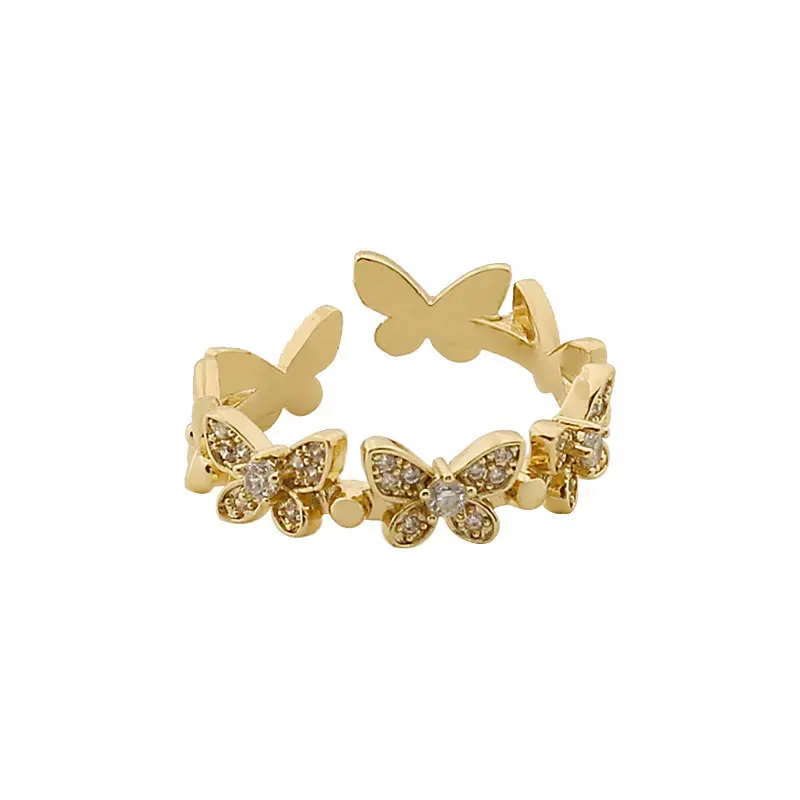 Nuovo Design all'ingrosso in oro rosa argento Cubic Zirconia apertura continua farfalla anello regolabile farfalla di cristallo anello carino