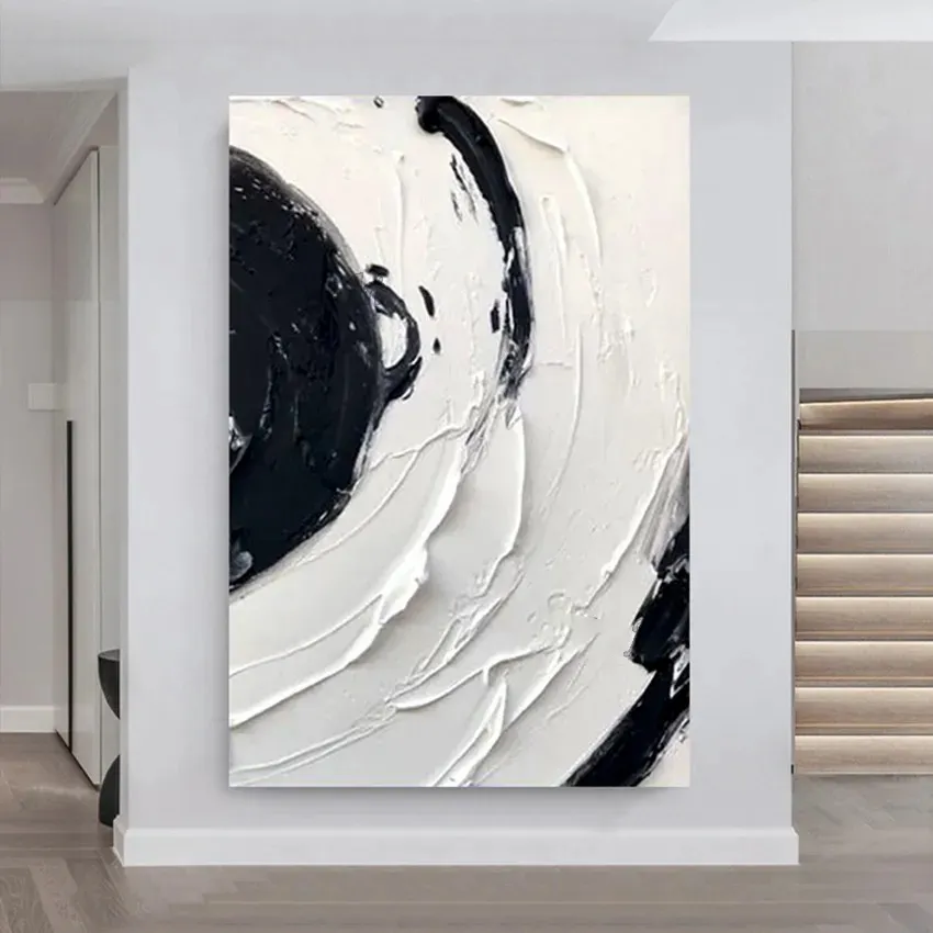 Obra de arte de decoración abstracta para sala de estar, arte de pared en lienzo de textura gruesa moderna pintada a mano, pintura al óleo minimalista en blanco y negro