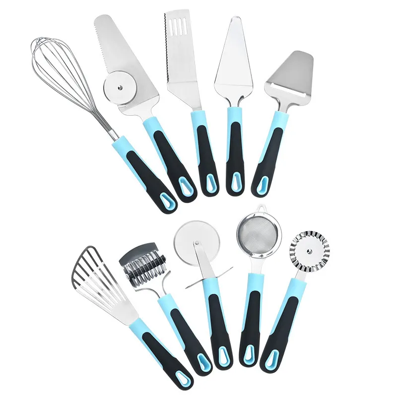 Juego de utensilios de cocina de acero inoxidable con asas de plástico para cocinar y preparar comidas