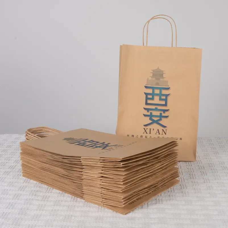 Eco Friendly Barato Custom Christmas Gift Takeaway Food Bag Moda Shopping Bag Brown Kraft Paper Bag Com Seu Próprio Logotipo