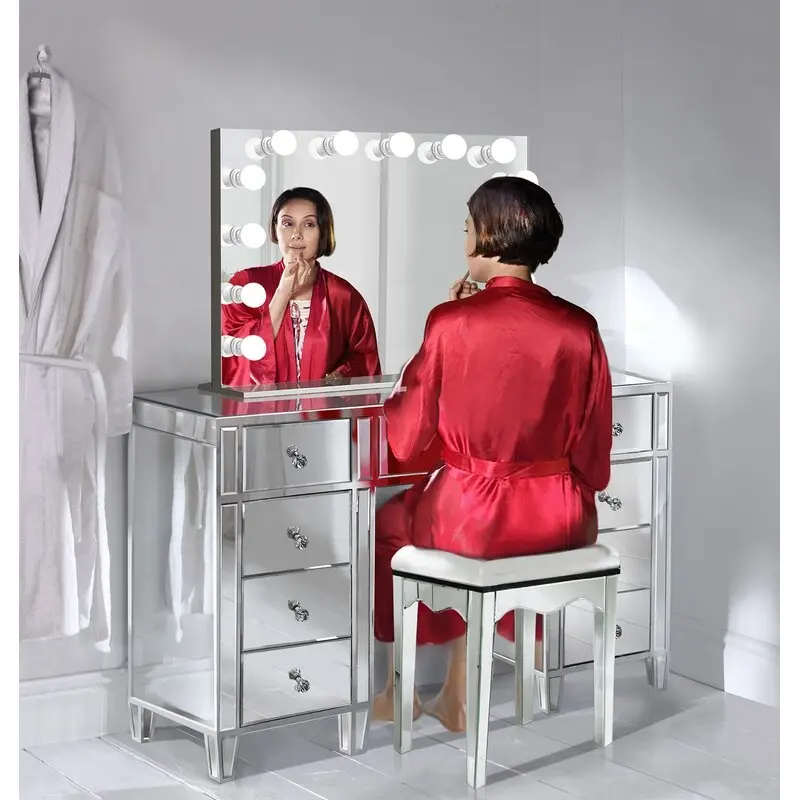 Conjunto de tocador de maquillaje profesional, muebles de dormitorio de alta calidad con luces alrededor de espejos, vestidores