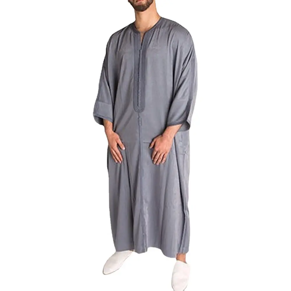 Thobe ชุดเดรสมุสลิมมีซิปขนาดและกระเป๋าของผู้ชายเสื้อผ้าอิสลามสีทึบสไตล์อาหรับแฟชั่นซาอุดิอาระเบีย
