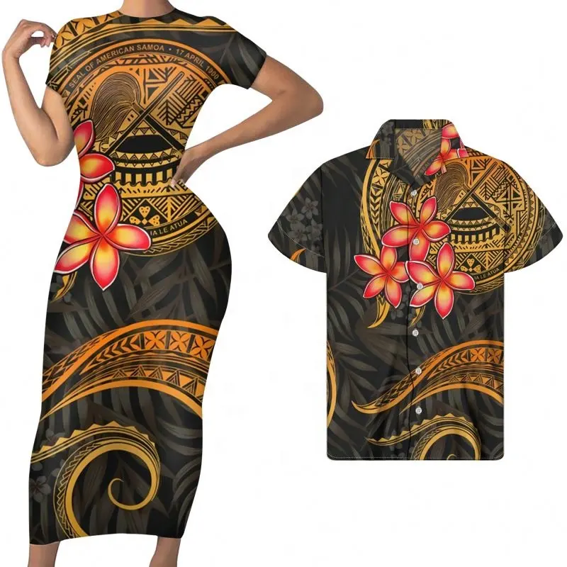 Coppie di Corrispondenza Vestiti Abbigliamento Oro Plumeria Flolral Samoa Americane Tribale Polinesiana Delle Donne di Stampa Manica Corta Maxi Dress