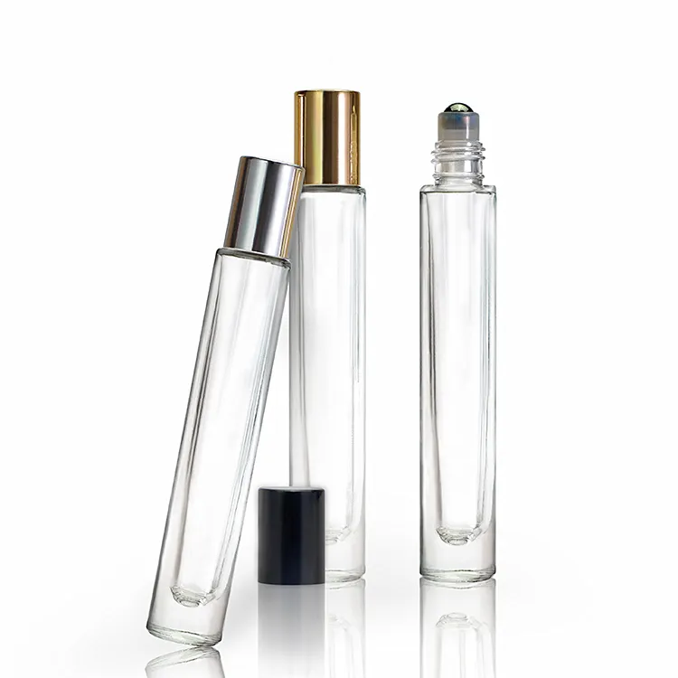 Garrafa de perfume redonda 10ml, cilindro redondo fino transparente de parede pesada, frascos de perfume fundo quadrado, rolo de vidro de óleo essencial na garrafa de rolo