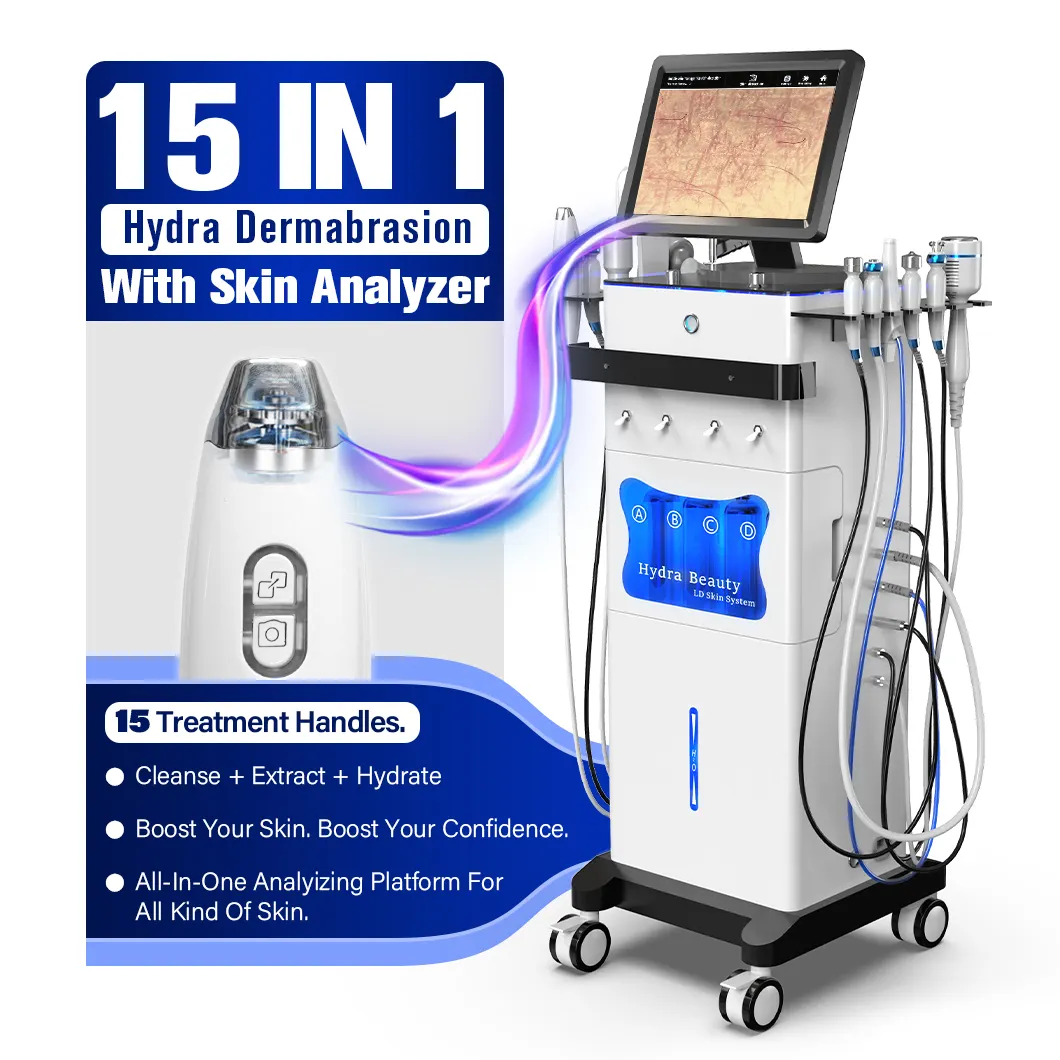 15 In 1 Multifunctionele Hydra Gezichtsverzorgingsmachine Professionele Micro-Dermabrasie Huidmonitor Hydra Gezichtsmachine