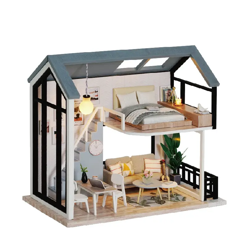 Casa de boneca blocos de madeira, miniatura quente romântico casa diy quarto caixa teatro brinquedos para crianças