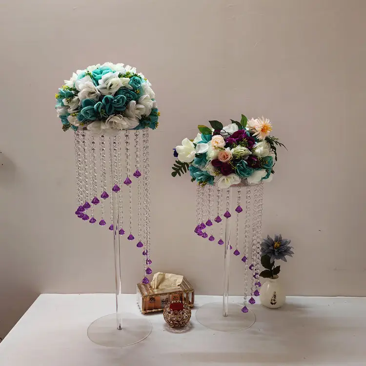 Soporte de flores transparente, piezas centrales de acrílico para Decoración de mesa de boda con decoración de cuentas colgantes
