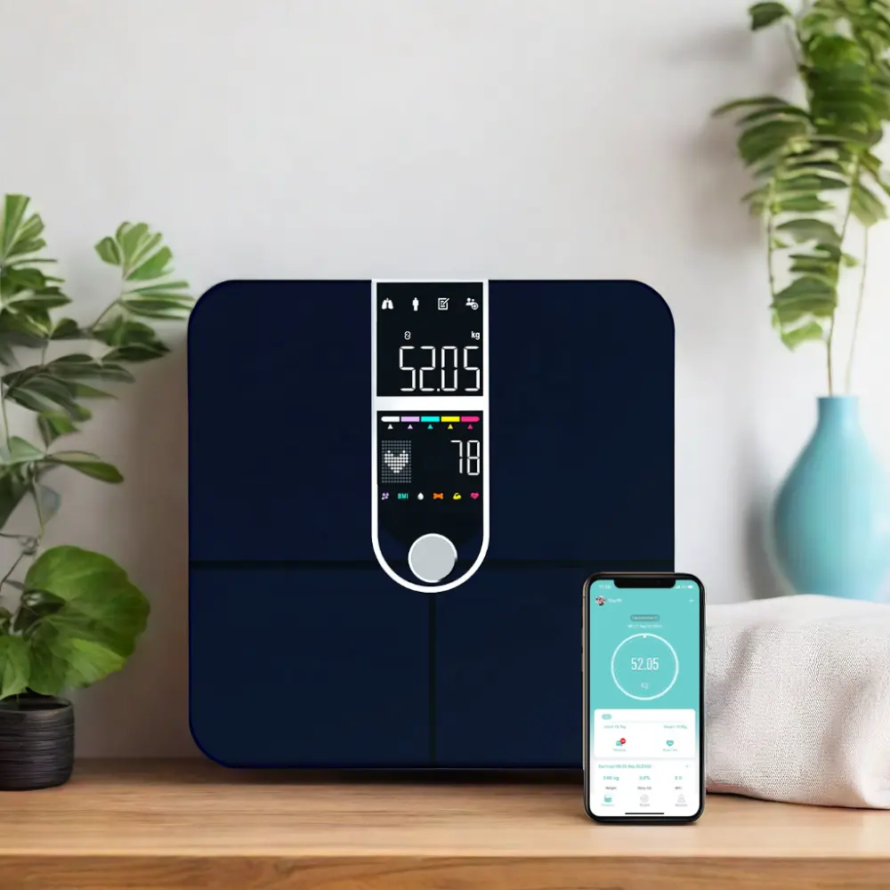 Balança digital inteligente grande para análise de peso corporal e gordura corporal com tela dupla colorida para medição de balanças de banheiro