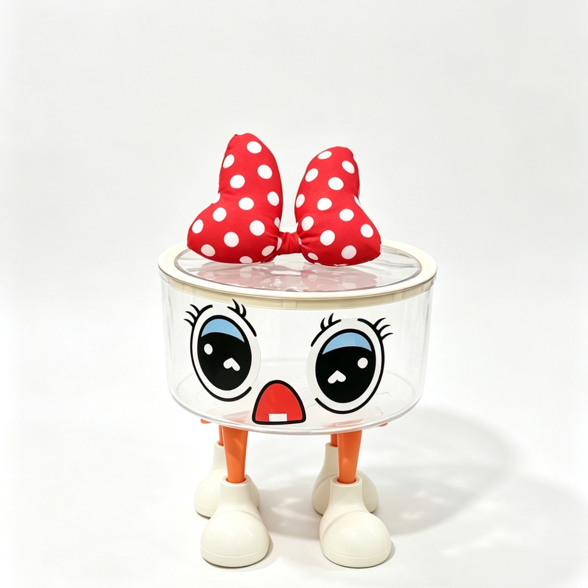 Large eye stickers with lids, four large bows, orange feet.