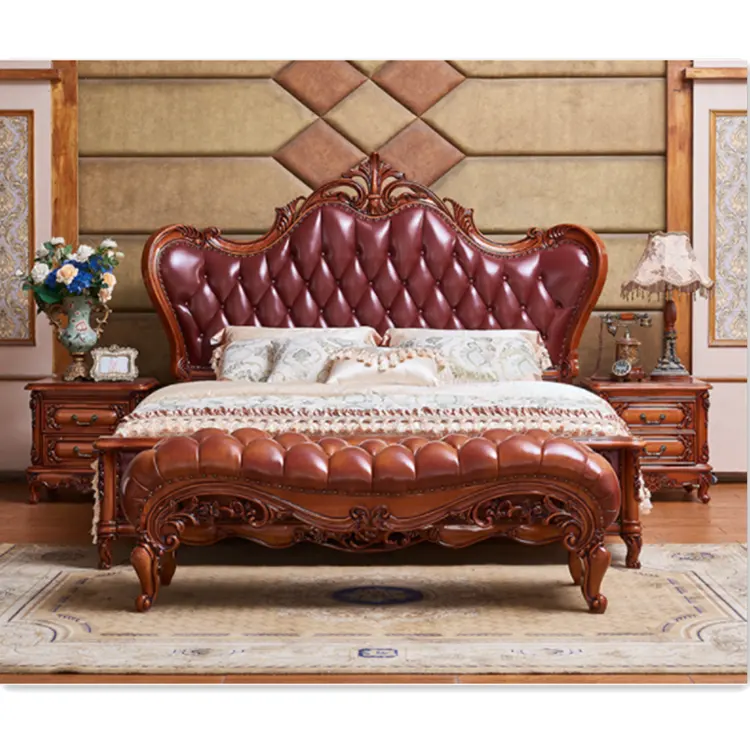 Cadre de lit de mariage Royal français Antique taille King, bois de frêne massif sculpté en cuir rembourré
