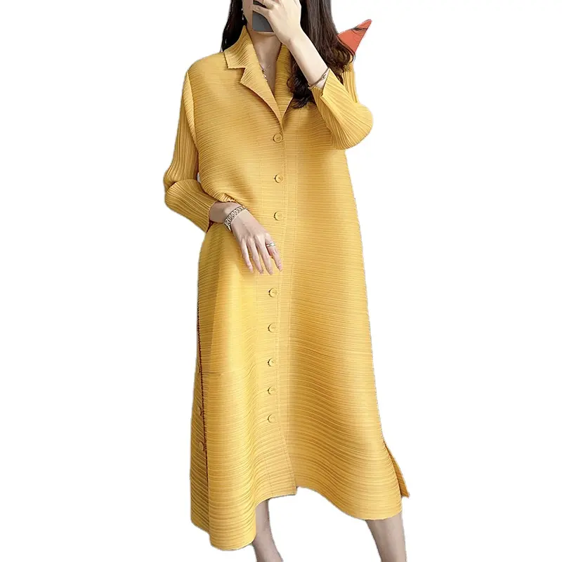 कस्टम उच्च खिंचाव लंबी pleated पोशाक वसा और दैनिक के लिए लंबा महिलाओं पीला एक लाइन पोशाक प्लस आकार