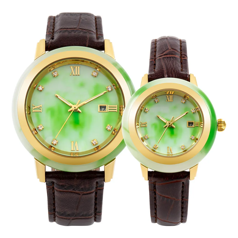 High Quality Luxury Japan Movement Water Resistant Black Leather Band Imitate Jade Watch