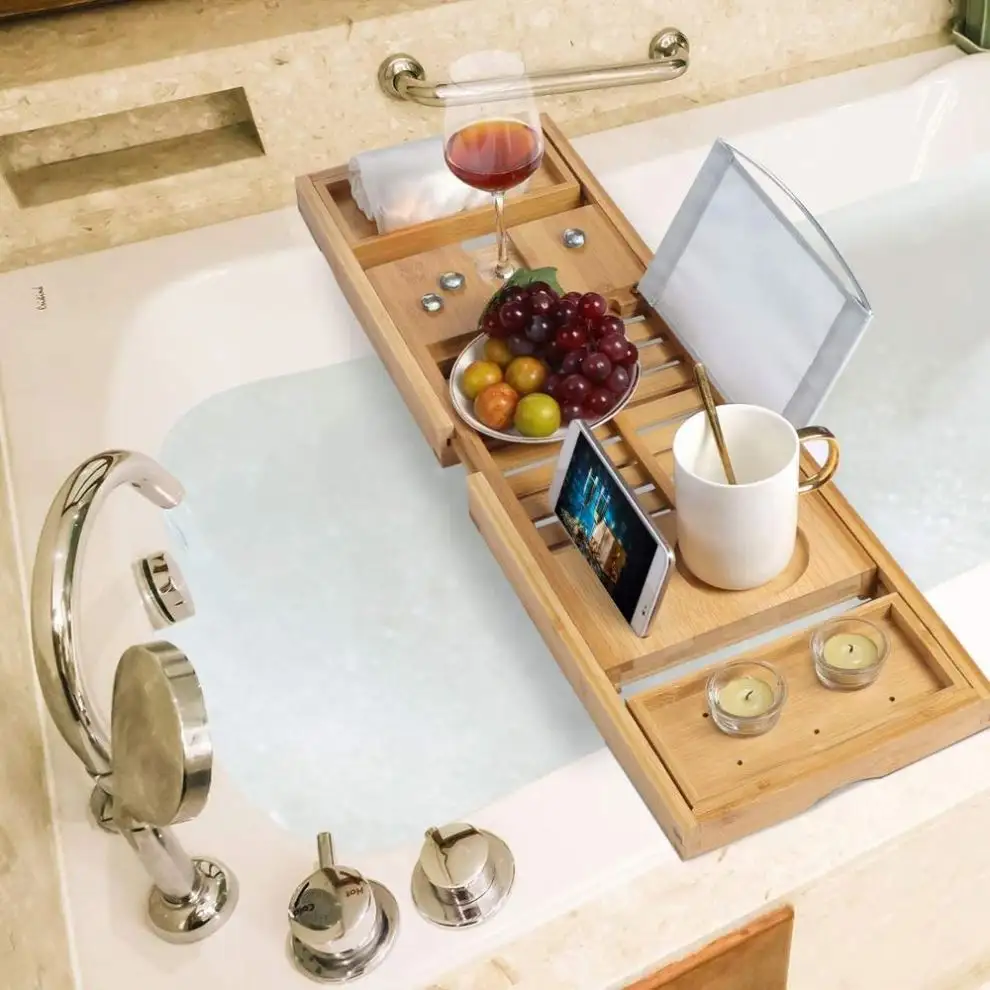 Bandeja de bambú para bañera, bandeja de madera expandible Caddy y accesorios de lujo para bañera