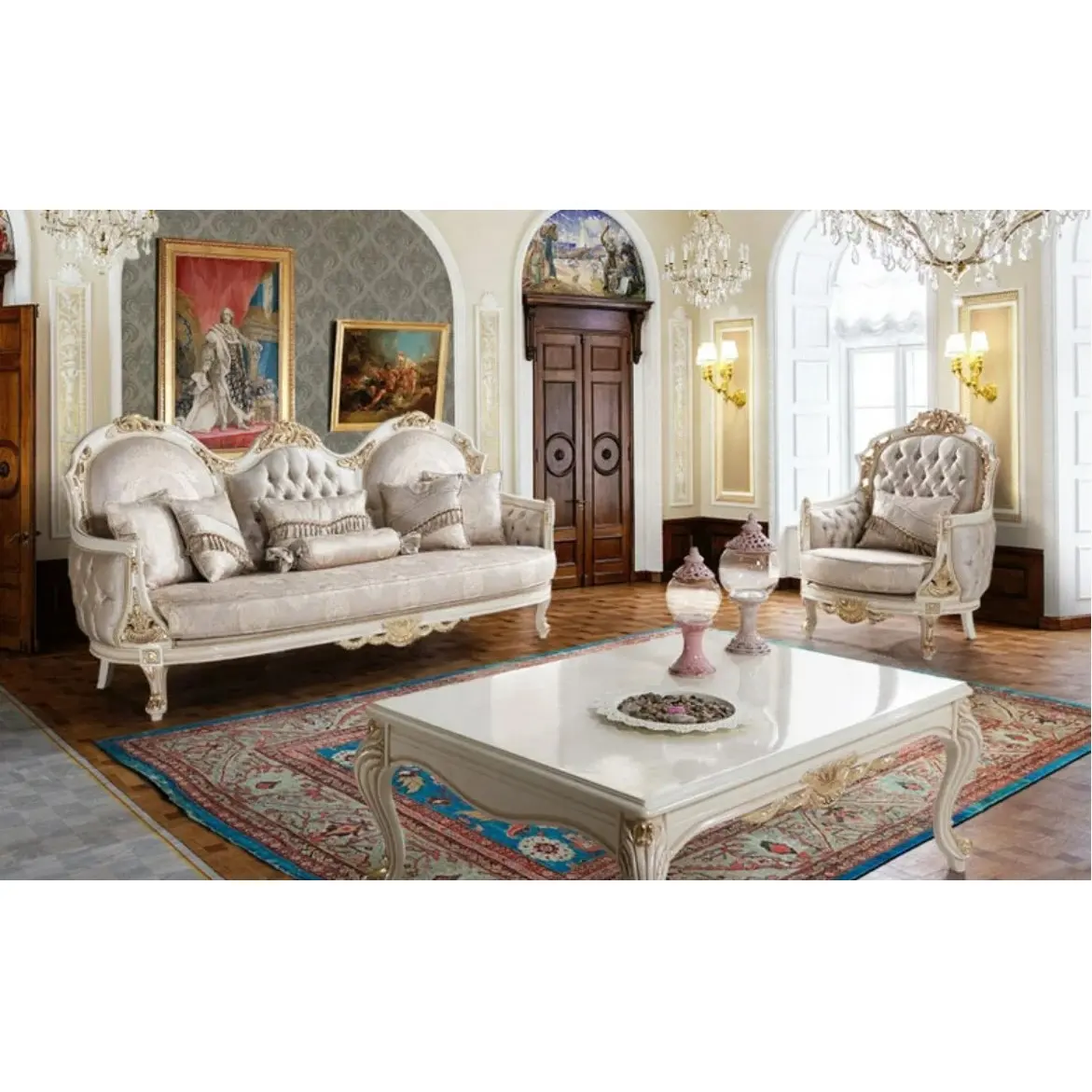 Conjunto de sofá de 7 lugares estilo francês clássico de luxo de qualidade premium tecido branco marfim para sala de estar móveis de shopping de escritório