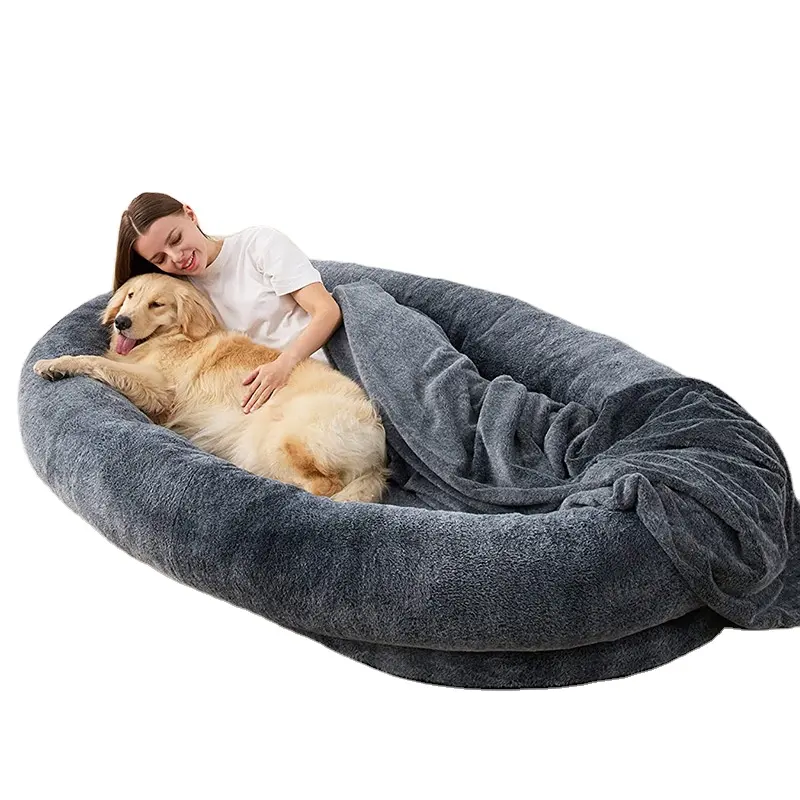 מיטת כלב אנושית רכה יוקרתית חמה קטיפה עגולה מיטת כלב מלונה כלב מקורה גדול לבעלים ולחיית מחמד עם כיס ידית