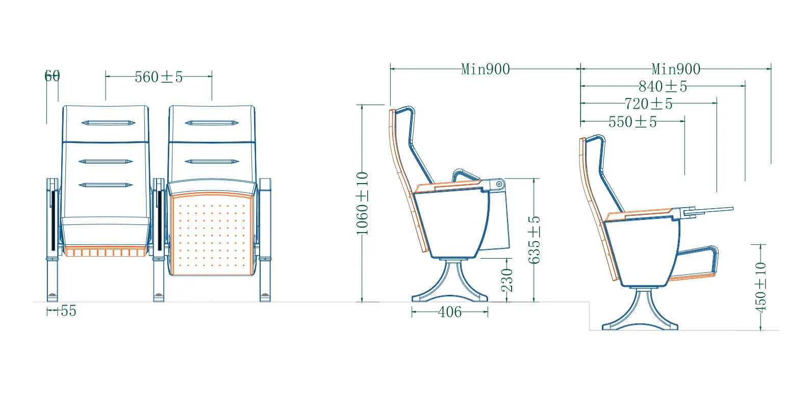 Custom Theater Furniture High-Class Fabric Soft Seat Foldable Connectable Church Auditorium