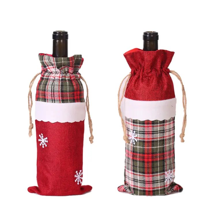 New Christmas Decorations Linen Wine Bottle Cover Cute Christmas Gift Lattice Wine Bottle Bag Hotel Table Supplies