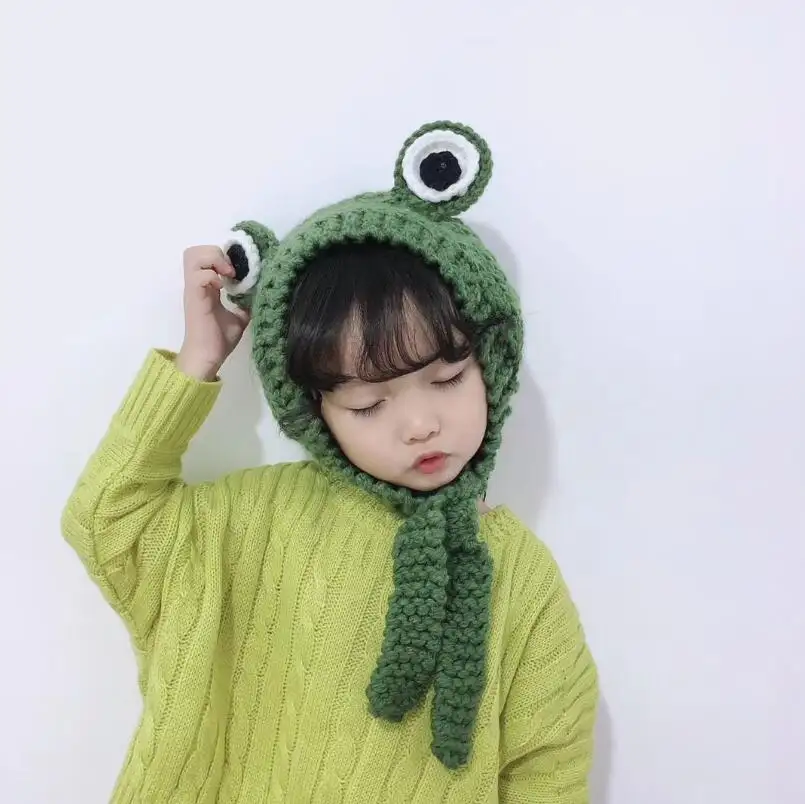 Niños invierno cálido sombrero lindo Animal ojos de rana hecho a mano de punto de lana gorra sombrero para niño del bebé muchacho de los niños Niña