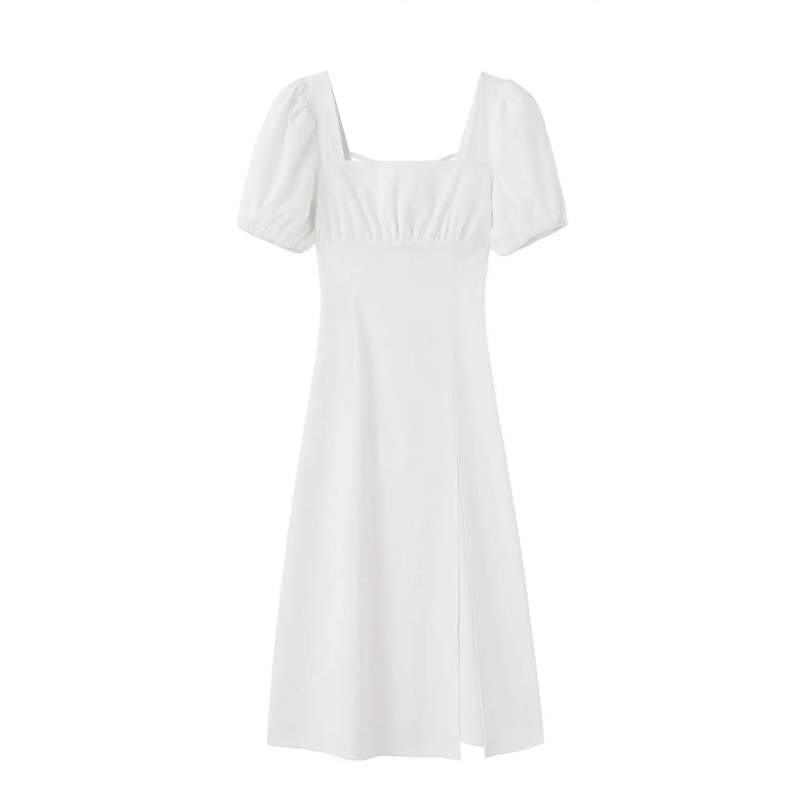 SH397-Vestidos informales de lino y algodón para mujer, vestidos cuadrados de alta calidad con cuello cuadrado, color blanco, manga corta, espalda calada, con cordones, para verano