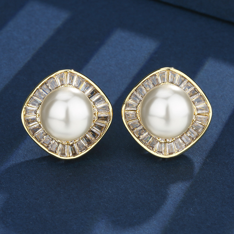 Gold white pearl stud earrings