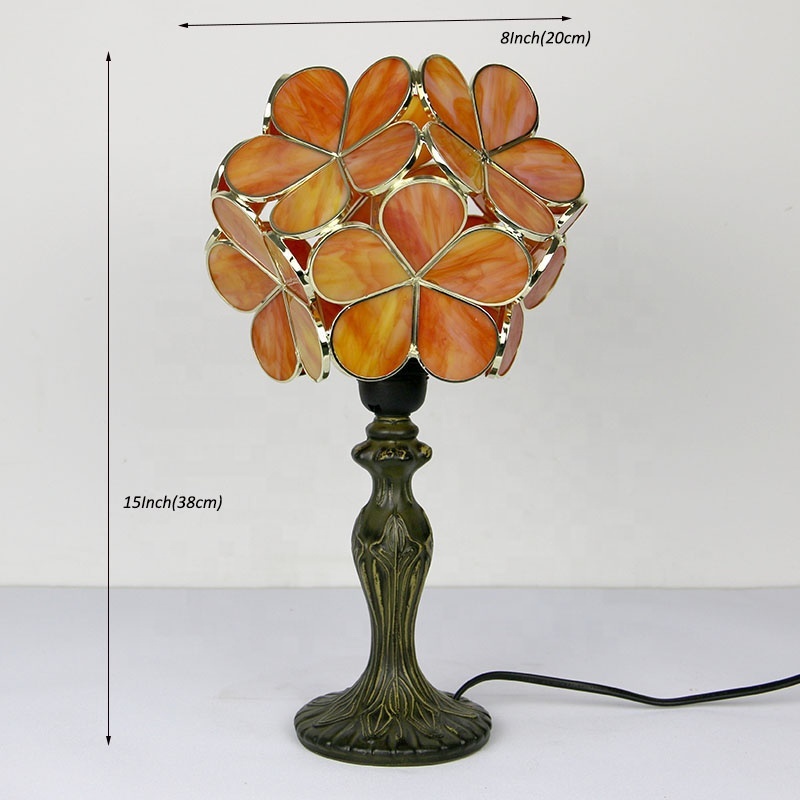 LongHuiJing Tiffany Stained Glass Bedside Lamp Antique Pink Petals Copper Style Table Lamps Metal Base Reading Desk Light