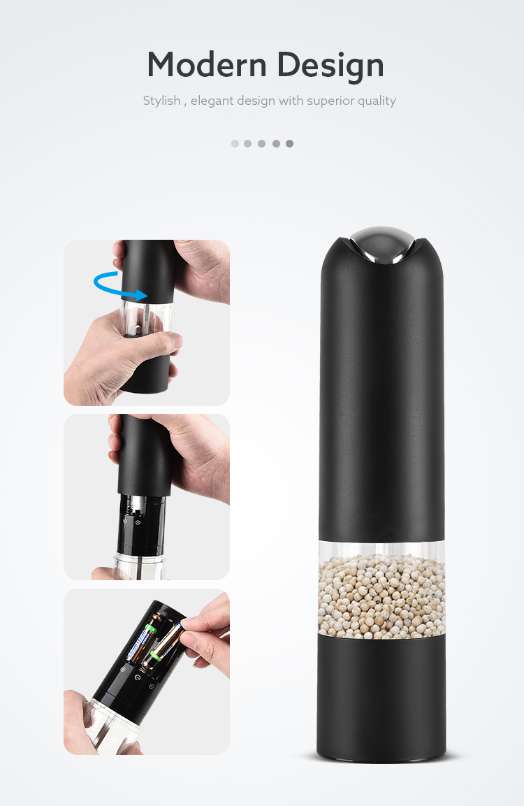 6 AAA batteries operated electric pepper grinder salt mill with white LED light
