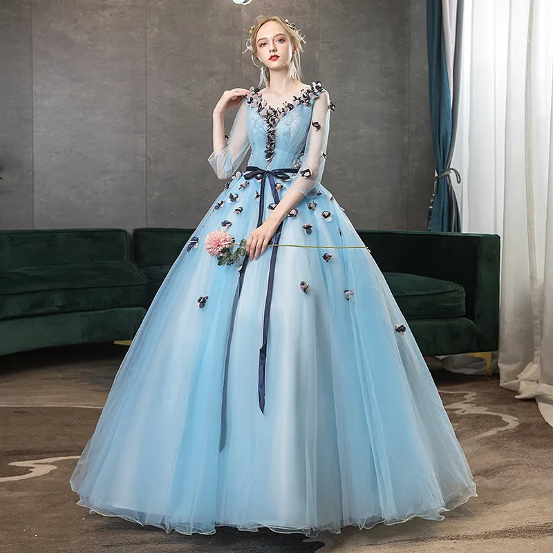 Vestido de graduación de diseñador, azul turquesa, mariposa, talla grande, quinceañera, 2020