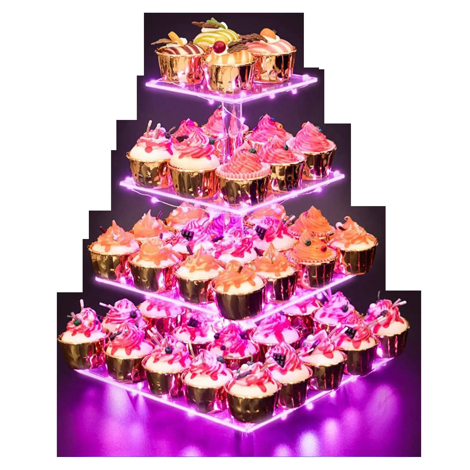 Support de support de Cupcake Premium à 4 niveaux affichage de tour d'arbre de gâteau de dessert de mariage en acrylique avec guirlande lumineuse LED pour la pâtisserie
