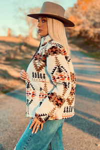 2024 Vintage batı kadının kış ceket bej baskılı Navajo Aztec Polyester astar sonbahar ceket ile boyun Zip-up standı - Product Image 3