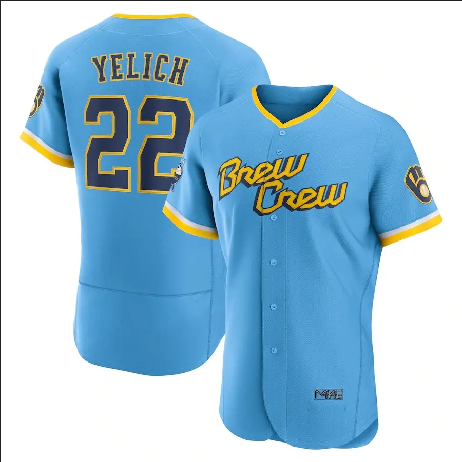 New Custom Baseball Jersey Men Brewers Christian Yelich Juan Soto Lorenzo Cain Powder Blue City Connect Jersey