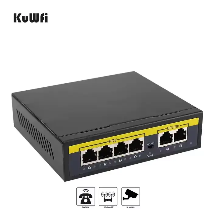 Penjualan terlaris cangkang logam KuWFi 4port RJ45 100Mbps 1.2Gbps jaringan wifi hitam poe saklar tidak dikelola