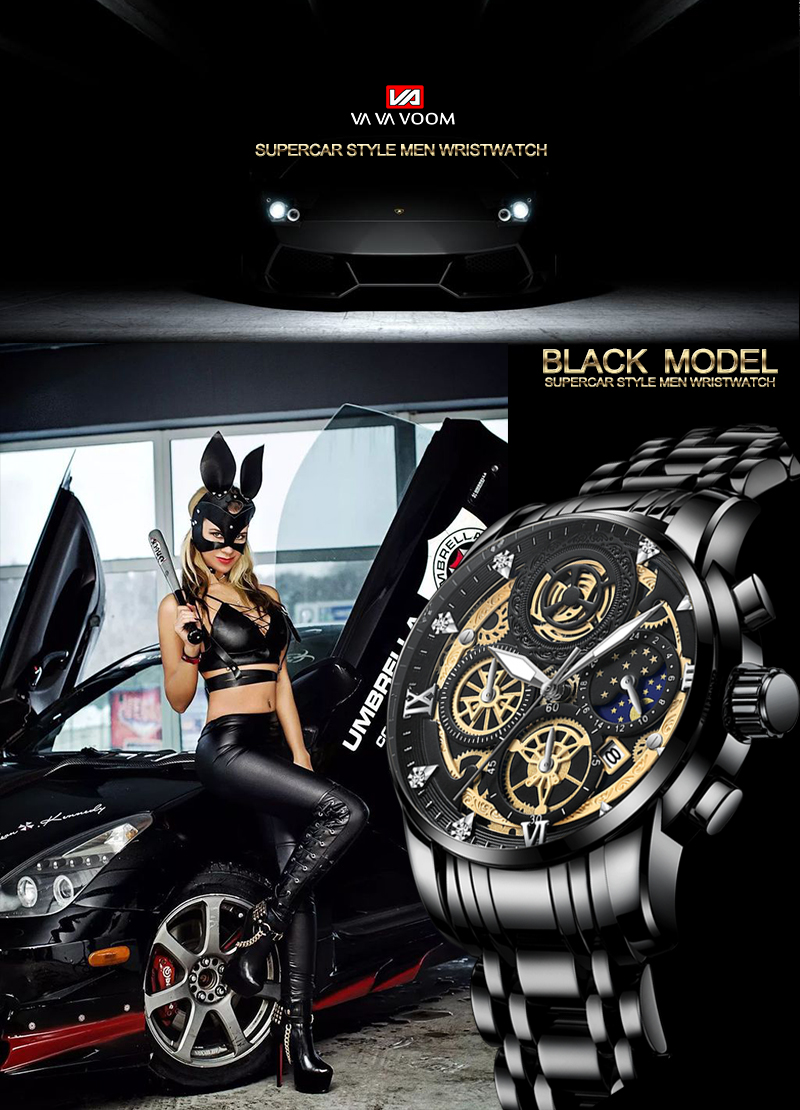 VAVA VOOM Original Watch Men's Waterproof Stainless Steel Quartz Analog Fashion Business Sun Moon Star Wristwatches