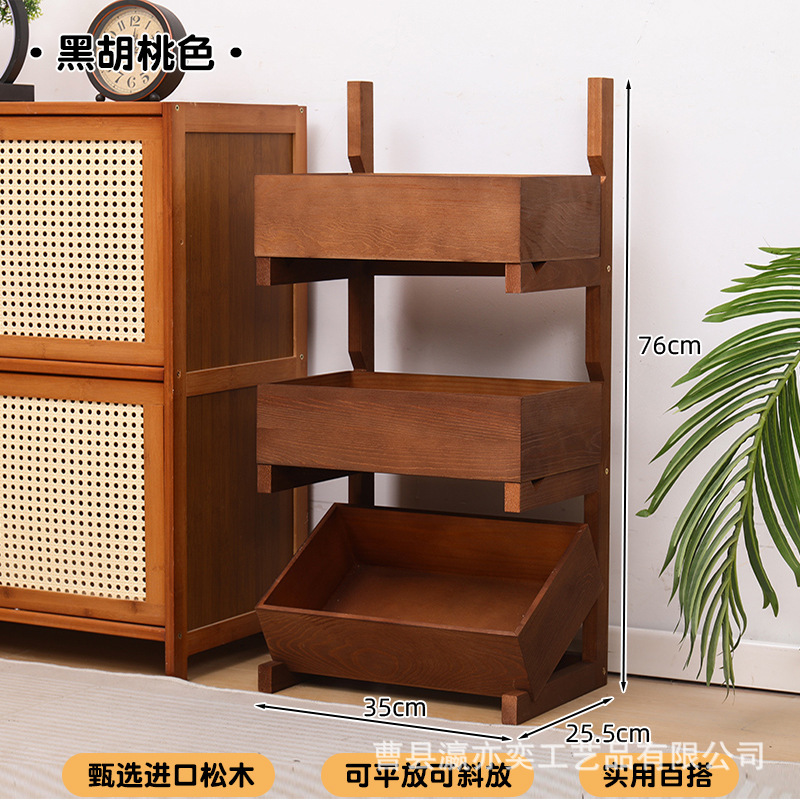 Pine and walnut three-tier storage shelf