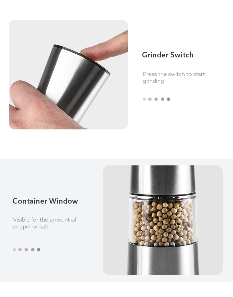 6 AAA batteries operated stainless steel electric pepper grinder salt mill with white LED light and adjuster