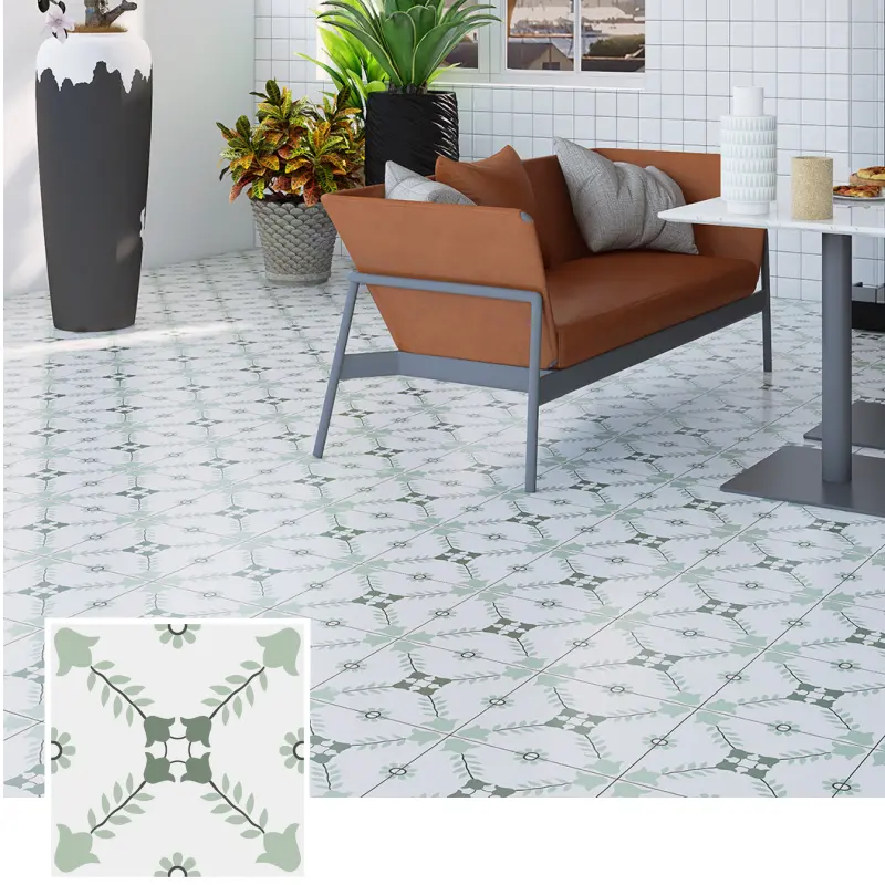 Imágenes de precio de fábrica de patrones de suelo de baldosas de cerámica, baldosas de cerámica para interiores antideslizantes mate, baldosas de suelo verde de Marruecos