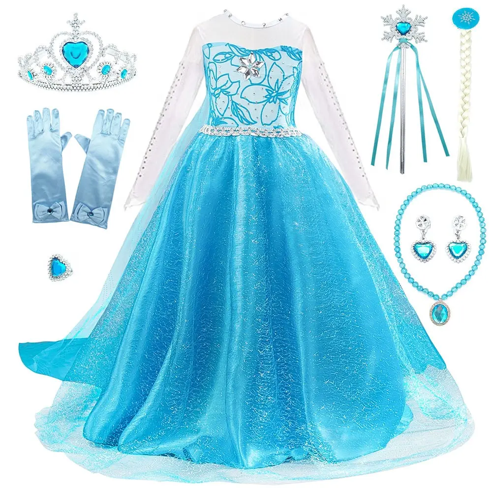 Vestidos de princesa Elsa para meninas, fantasia infantil de Halloween com lantejoulas, fantasia de festa de aniversário, estampa digital azul de poliéster