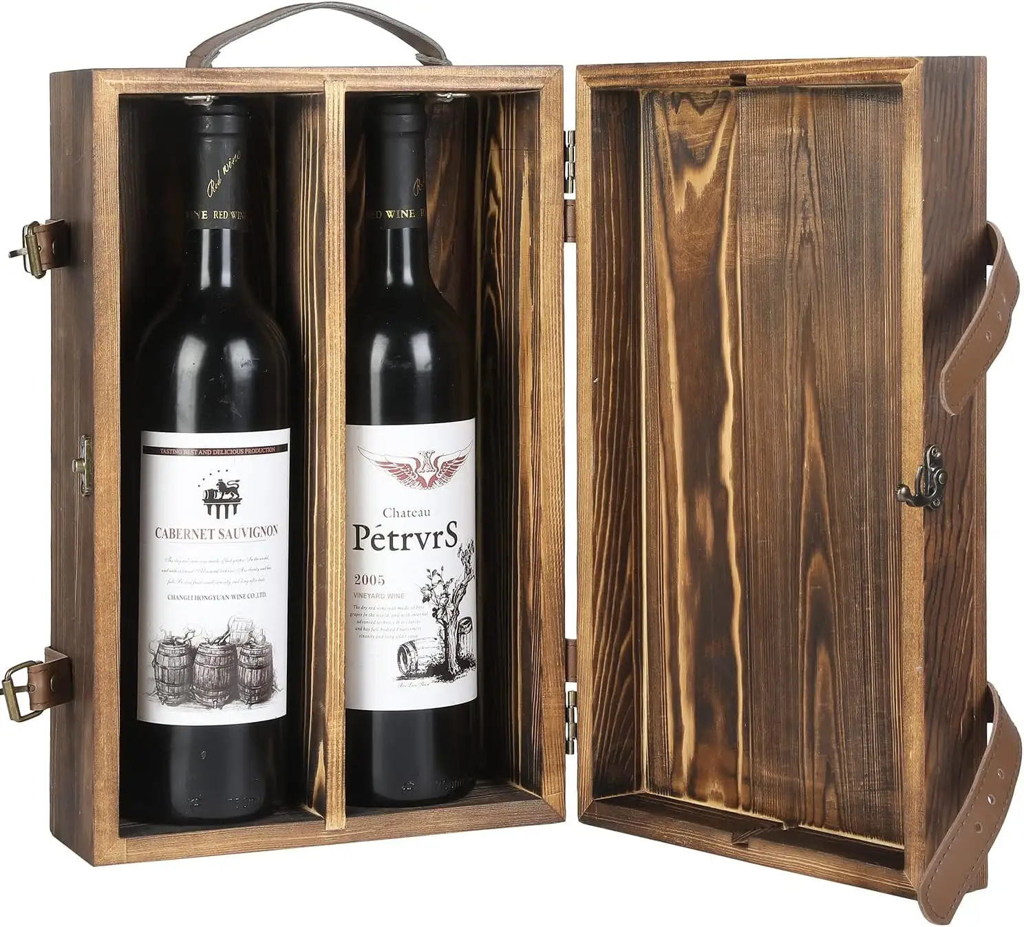 Double bottle decorated wine gift box  antique wood wine box with lock cover  wine bottle storage suitcase with top artificial l