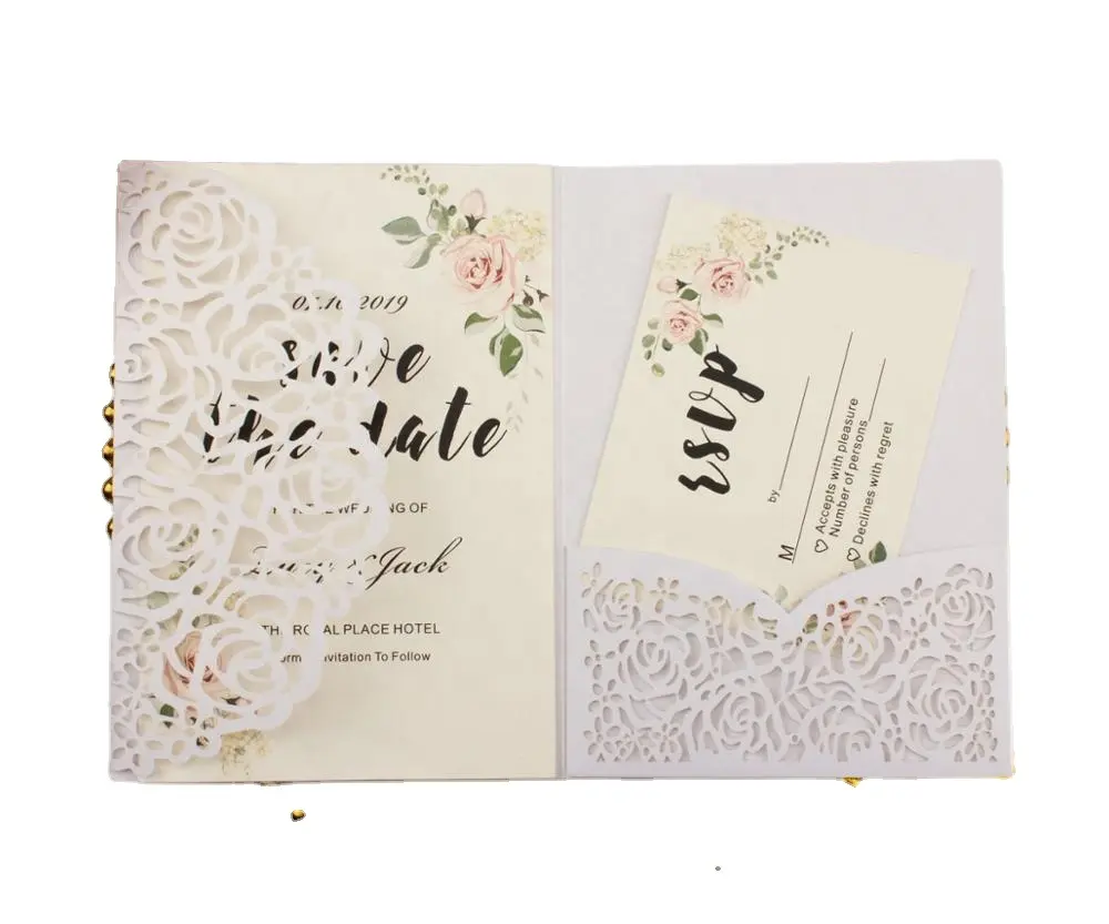 Elegante bianco perla pocket invito a nozze carta di Taglio Laser rosa a tre ante inviti biglietti d'auguri regalo Per La Decorazione del partito