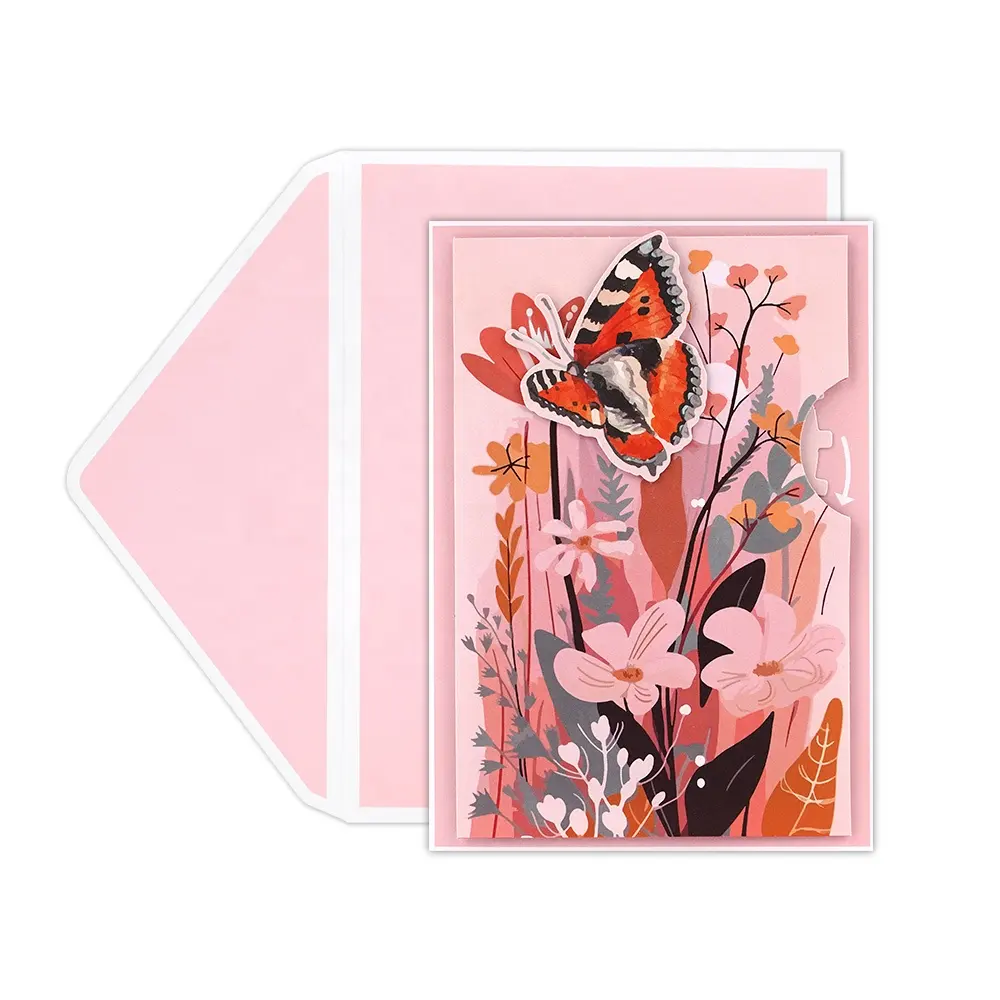 Nuevo lujo elegancia Rosa mariposa voladora hecho a mano personalizado felicitación cumpleaños tarjetas de felicitación para ella