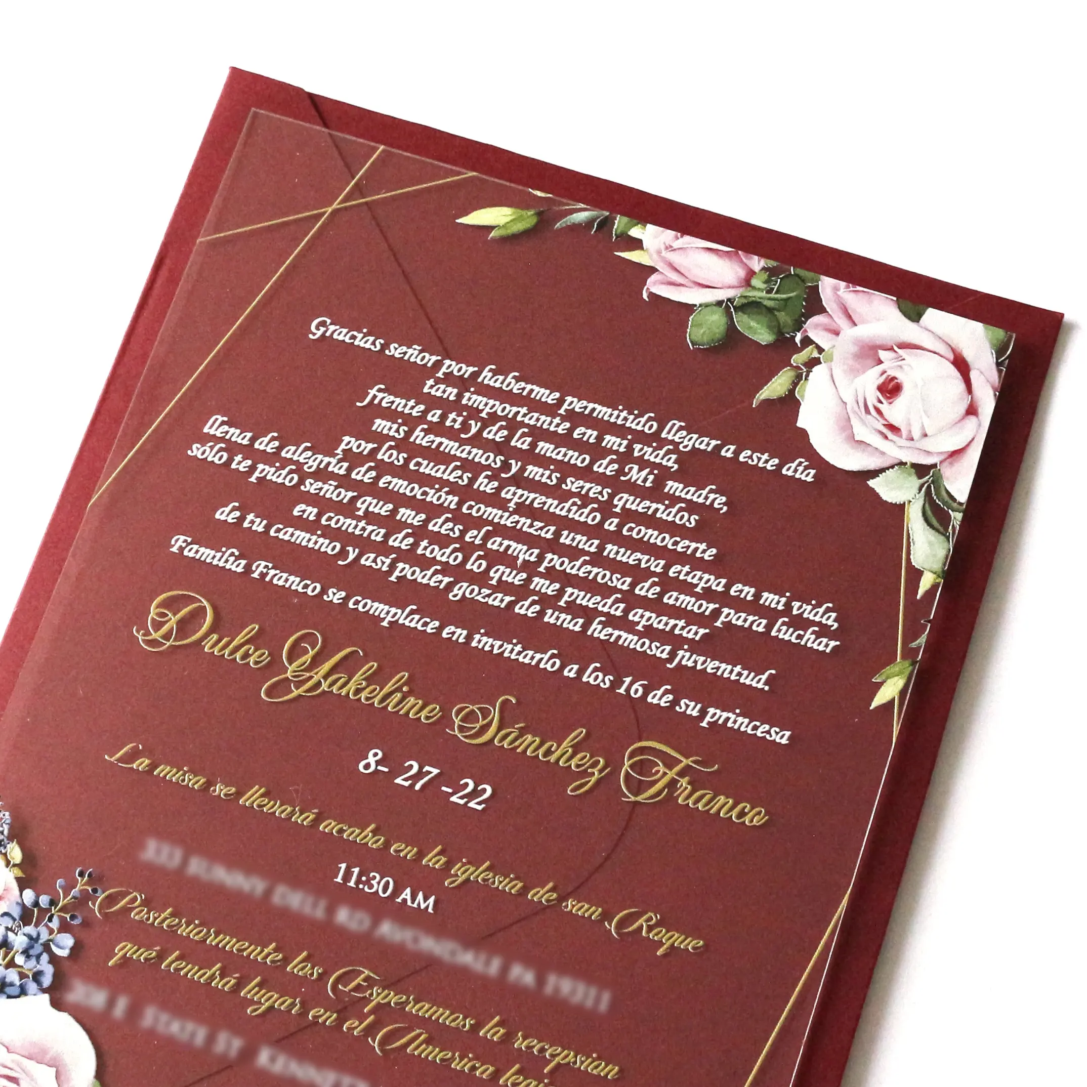 Forme personnalisée 5*7 pouces carte d'invitation acrylique transparente fantaisie de mariage Floral de mariage