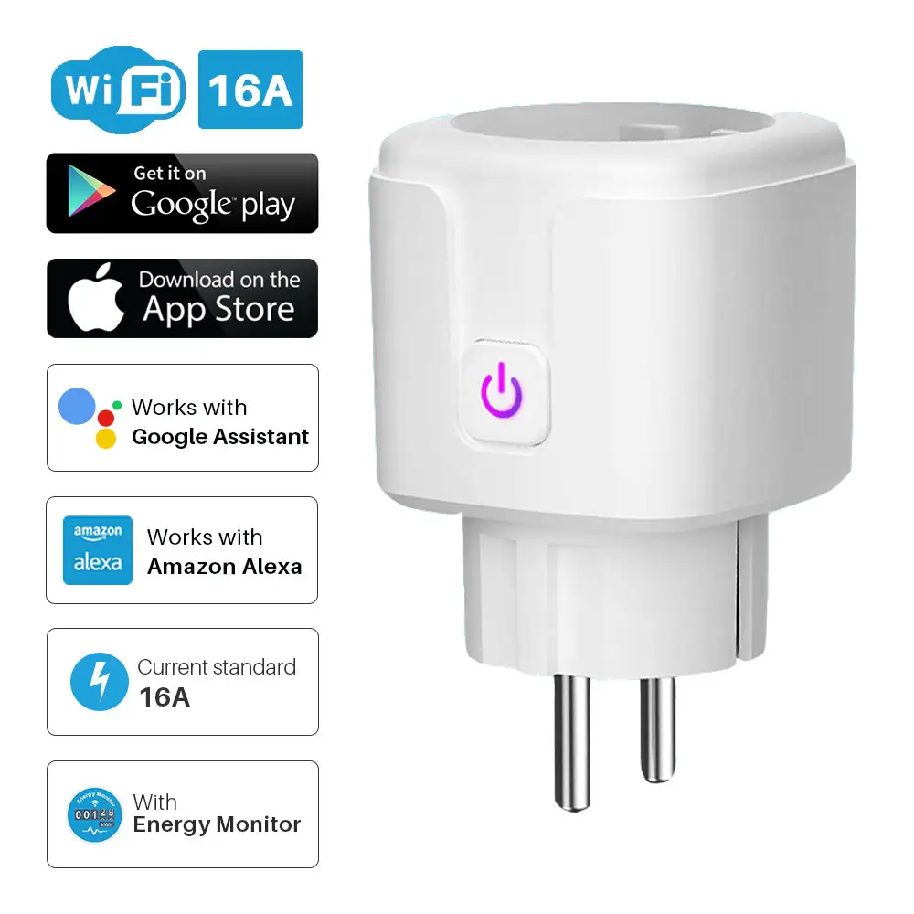 Tuya Soket Pintar Wifi 16A, Monitor Daya EU Plug Timer Aplikasi Kehidupan Pintar Kontrol Suara Jarak Jauh dengan Alexa Google Assistant IFTTT