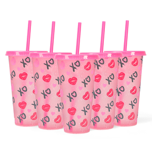 Customized Cold Drinks Gifts Red <strong>Solid</strong> Plastic Tumbler 16oz 24oz <strong>Color</strong> Glitter <strong>Cup</strong> with Lid and Straw - Product Image 4