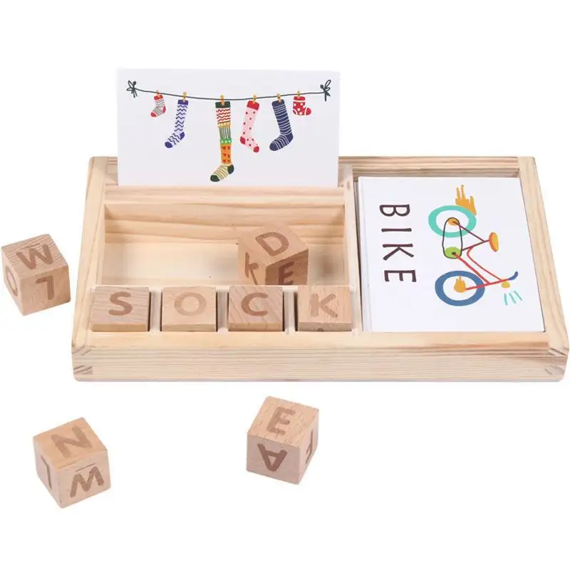 Gioco di parole ortografiche per bambini in legno inglese cartone Puzzle alfabeto per bambini che imparano giocattoli all'ingrosso